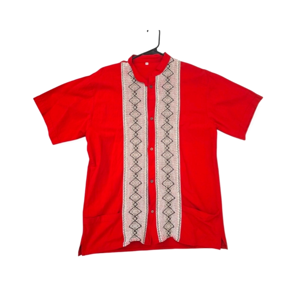 Red Men's Shirt Güayavera with Patterned Detail